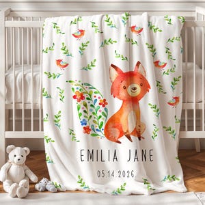 Fox Blanket Personalized Name Blanket Custom Baby Announcement Blanket Gift Newborn Baby Girl Birthday Gift Nursery Blanket Crib Blanket N6