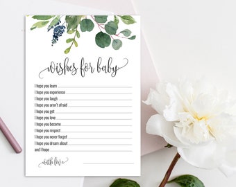 Wishes For Baby Card, Baby Shower Wishes, Printable Baby Shower Game, Greenery Activity Card, Wishes For Baby Card, Greenery Game Card, P17