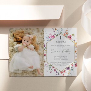 Wildflower Baptism Invitation Template, Girl Baptism, Religious Invitation, Landscape Baptism Invite, Colorful, Gold, Templett, P64