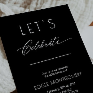 Modèle d'invitation d'anniversaire noir, noir et blanc, 100 % modifiable, anniversaire minimaliste, moderne, 40e anniversaire, Templett, simple, P68