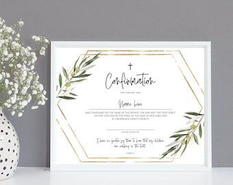 May include: A white printable card with a gold hexagonal frame and green olive branches. The text reads "Confirmation" with a cross above the word. The text also includes "Name here" and a quote from the Bible: "I have no greater joy than to hear that my children are walking in the truth."