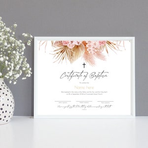 Plantilla de certificado de bautismo de hierba de pampa, certificado floral, 100% editable, imprimible, certificado de bautismo de flores secas, rosa rosa, P63