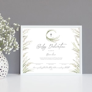 Plantilla de certificado de dedicación de bebé de Pampas Grass, 100% editable, dedicación de niño Boho, certificado de bautismo imprimible, Boho, bricolaje, P62