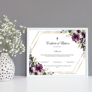 Plantilla de Certificado de Bautismo Púrpura, Certificado de Bautismo Floral, 100% Editable, Imprimible, Certificado de Bautismo, Descarga Instantánea, P29