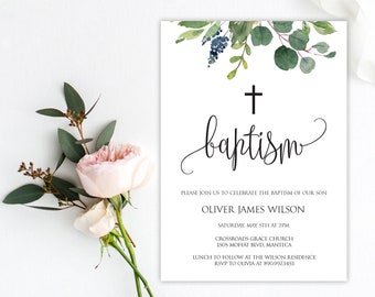 Boy Baptism Invitation, Greenery Baptism Invitation, Greenery Baptism Template, Editable Baptism Invitation, Baptism Invitation, P17