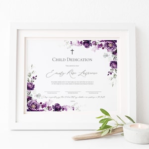 Certificado de dedicación de niño morado Plantilla de certificado de dedicación de bebé floral Certificado de bautismo imprimible Certificado de iglesia floral morado oscuro M10