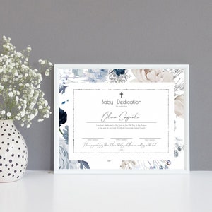 Plantilla de certificado de dedicación de bebé floral plateado, 100% editable, dedicación de niño de invierno, certificado de bautismo imprimible, Templett, P65