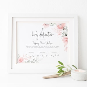 Plantilla de certificado de dedicación de bebé Blush Rose, 100% editable, dedicación infantil, certificado de bautismo de niña imprimible, flores de rosa rosa
