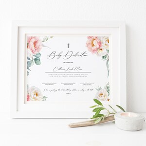 Plantilla de certificado de dedicación de bebé de peonías, 100% editable, dedicación de niño, certificado de bautismo imprimible, flores rosas, P71