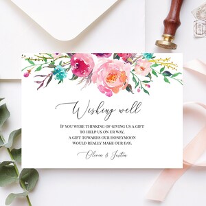 Teal Pink Wishing Well Template, Floral Wishing Well Card, Printable, 100% Editable, Pink Rose Wishing Well Insert, Gift Request Insert, P47