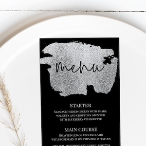 Black And Silver Menu Card Template, Menu Template, Modern Wedding Menu, 100% Editable, Printable Menu, Dinner Menu, Simple, Templett, P43A