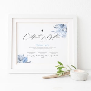 Plantilla de certificado de bautismo azul polvoriento, certificado de bautismo de bebé, 100% editable, imprimible, certificado de bautismo, descarga instantánea, P55