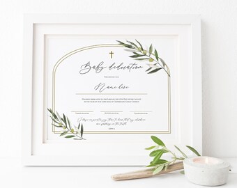 May include: A white framed printable with a gold cross and olive branch design. The text reads "Baby Dedication" and "Name here".