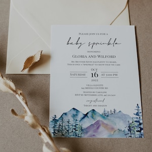 Mountain Baby Sprinkle Invitation Template, Forest Baby Sprinkle Invitation, 100% Editable Baby Sprinkle, DIY, Woodland Pine, Templett, P40