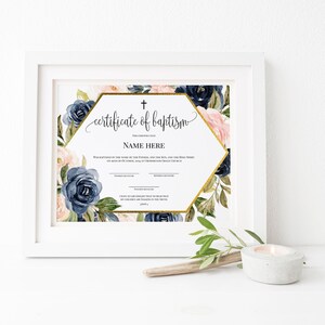 Plantilla de certificado de bautismo de Navy Blush, certificado de bautismo de bebé, 100% editable, imprimible, certificado de bautismo, descarga instantánea, P35