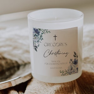 Modello etichetta candela battesimo floreale blu, favore di ringraziamento, favore di battesimo del ragazzo, stampabile, fai da te, modificabile al 100%, religioso, Templett, P78