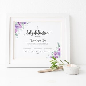 Plantilla de certificado de dedicación de bebé púrpura, 100% editable, dedicación floral de niño, certificado de bautismo de eucalipto, descarga instantánea, P73