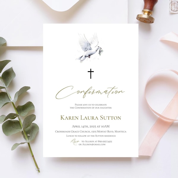 Confirmation Invitation With Dove Confirmation With Olive Branch Confirmation Gender Neutral DIY Religious Template Editable Printable, P83