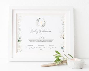 Modèle de certificat de dévouement bébé verdure or, 100 % modifiable, dévouement de l'enfant, certificat de baptême imprimable téléchargement immédiat, P31