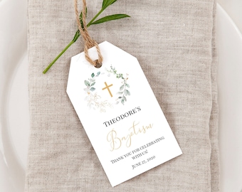 Greenery Baptism Favor Tag Template, Religious Favor Tag, Printable Tag, Greenery Wreath, Instant Download, 100% Editable, Templett, P31