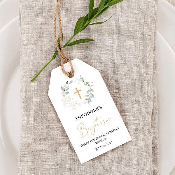 Greenery Baptism Favor Tag Template, Religious Favor Tag, Printable Tag, Greenery Wreath, Instant Download, 100% Editable, Templett, P31