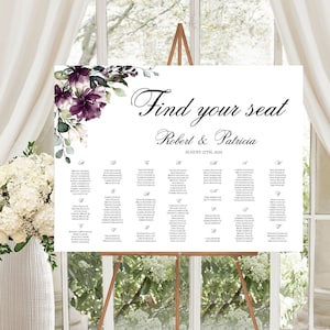 Paarse alfabetische zitplaatsen grafiek sjabloon, 100% bewerkbaar, DIY alfabetische zitplaatsen grafiek, zitplaatsen Board, aquarel paarse bloemen, P29