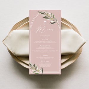 Taufe Menü Card Vorlage Download Religiöse Menükarte Olivenzweig Bearbeitbar Druckbar Religiöses Abendmenü Dusty Pink DIY Menükarte, P81