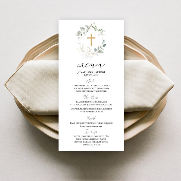 Gold Greenery Baptism Menu Template, Greenery Religious Menu Card, 100% Editable, Gold Leaves, Printable, Dinner Menu, DIY Menu Card, P31