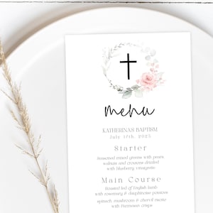 Blush Rose Taufe Menükartenvorlage, Blumenmenü, religiöse Menükarten, 100% bearbeitbar, DIY Abendmenü, rosa Rose, Boho, Templett, P44