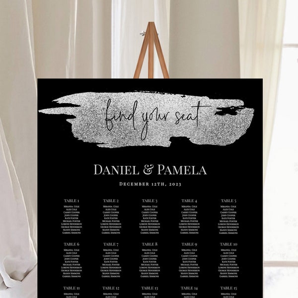 Black And Silver Wedding Seating Chart Template, 100% Editable, Printable Seating Plan, DIY Seating Chart, Modern Seating, Templett, P43A