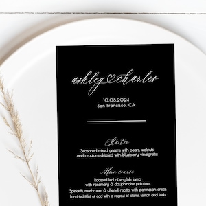 Plantilla de tarjeta de menú negro, menú de boda mínimo, 100% editable, menú de cena imprimible, clásico, bricolaje, minimalista, menú moderno, Templett, P68