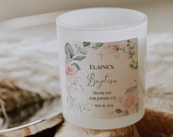 Rose Baptism Candle Label Template, Thank You Favor, Baptism Favor, Printable, Greenery, 100% Editable, Pink Rose, Religious, Templett, P31a