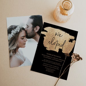 Black And Gold We Eloped Announcement Template, Wedding Announcement, Elopement Printable, 100% Editable, Instant Download, Templett, P43