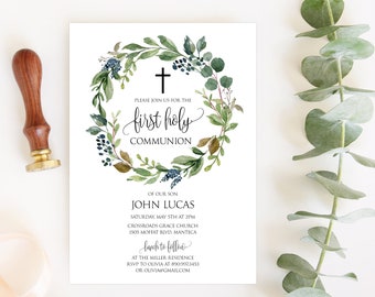 May include: A white invitation card with a green floral wreath and a cross. The text reads "Please join us for the first holy communion of our son John Lucas, Saturday, May 15th at 2pm, Crossroads Grace Church, 1505 Moffat Blvd, Manteca. Lunch to follow at the Miller Residence, RSVP to Olivia at [phone number] or [email address]"