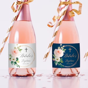 Blush Wine Bottle Label, Mini Bottle Label Template, Champagne Sticker, Baptism Favor, Baptism Wine Label, Templett, 100% Editable, P18