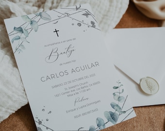 Invitacion de Bautizo, Bautizo Invitation In Spanish, Invitaciones Bautizo, Greenery Religious Invite, Boy Baptism, Bautizo, Templett, P50