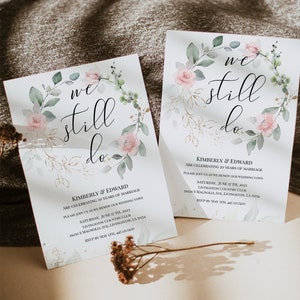 Plantilla de invitación Rose We Still Do, invitación de renovación de votos verdes, invitaciones de boda de aniversario, 100% editable, imprimible, Templett, P31a