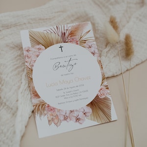 Invitacion de Bautizo, Pampas Grass, Invitación Bautizo En Español, Invitaciones Bautizo, Invitación Religiosa, Bautismo De Niña Rosa, Templett, P63