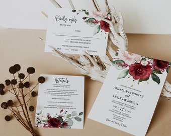 Burgundy Wedding Invitation Template, Marsala Wedding Invitation, Blush Wedding Set, Editable, Templett Wedding, DIY Wedding Invitation, P26