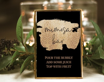 Placa de bar Mimosa preta e dourada, barra de mimosa para impressão, placa de chuveiro moderna, placa de champanhe, placa de mimosa, placa de bar, download instantâneo, P43