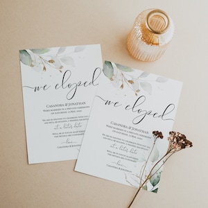 Gold Greenery We Eloped Announcement Template, Elopement Printable, Wedding Announcement, 100% Editable, Instant Download, Templett, P31