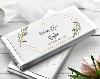 Chocolate Wrapper, Greenery Baptism Chocolate Bar Wrapper Template, Printable Baptism Candy Bar Wrapper, 100% Editable, Gold Frame, P22