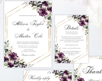 Deep Purple Wedding Invitation Template, Purple Wedding Invite, 100% Editable, Fully Editable, Purple Florals, Templett, Rsvp, Details, P29