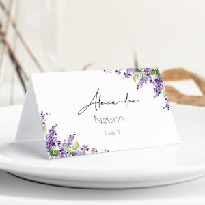 Plantilla de tarjeta de lugar floral lila, tarjeta de lugar púrpura, boda de primavera, tarjeta de nombre, tarjeta de asiento, imprimible, Boho, flores, 100% editable, P59