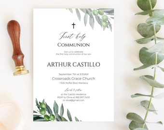 Olive Branch First Communion Invitation Template, Boy First Communion, Olive Greenery First Communion, Religious Invitation, Templett, P69