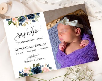 Floral Birth Announcement Template, Printable Photo Birth Announcement Card, 100% Editable, Gender Neutral, Try Before Buy, Templett, P35
