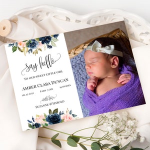 Floral Birth Announcement Template, Printable Photo Birth Announcement Card, 100% Editable, Gender Neutral, Try Before Buy, Templett, P35