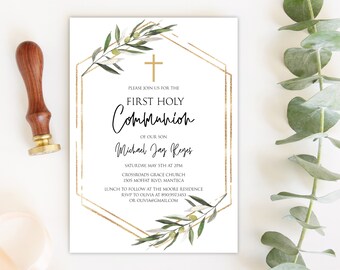 May include: Gold geometric frame with olive branches and a cross on a white background. Text reads: "Please join us for the First Holy Communion of our son Michael Jay Reyes Saturday May 5th at 2pm Crossroads Grace Church 1505 Moffat Blvd, Manteca Lunch to follow at the Moore Residence RSVP to Olivia at 8909973453 or olivia@gmail.com"