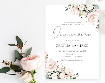 May include: A white invitation card for a Quinceañera, featuring floral accents in pink and white. The card includes the text "Mr. and Mrs. Ramirez invite you to celebrate the Quinceañera of our daughter Cecilia Ramirez."
