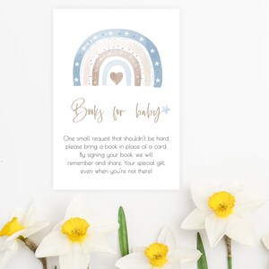 Modèle de carte de demande de livre arc-en-ciel, demande de livre de baby shower, 100 % modifiable, livres pour garçons pour insertion de bébé, apportez un livre au lieu d’une carte, P60